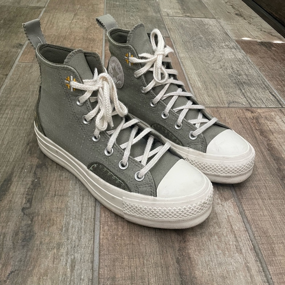 High top Converse, Sage green with floral print. Size 7